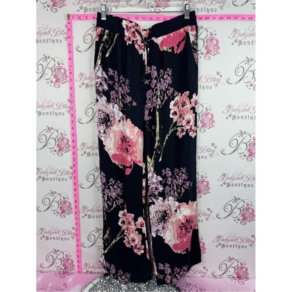 B young navy Black Wide-Leg Floral Palazzo Pants with Pink Blooms